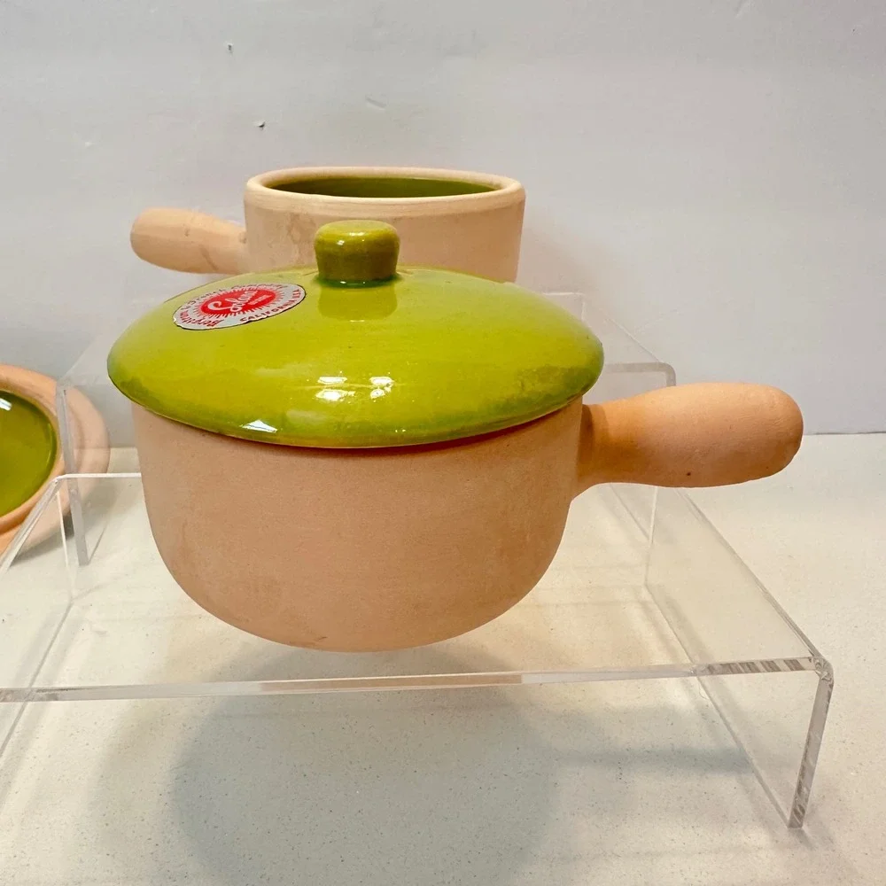 Vintage Solana‎ Ware Bergstrom & French Terracotta Lidded Soup Bowls Green Set 2